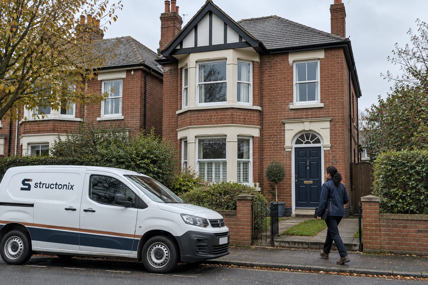 AI-generated illustration of engineer arriving at the fictional property beside the brand-liveried compact van.